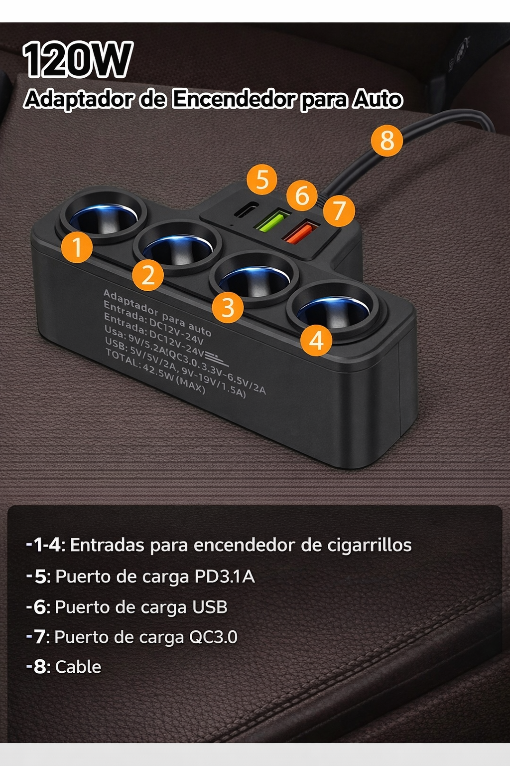 Cargador 7 en 1 cigarrera adaptador